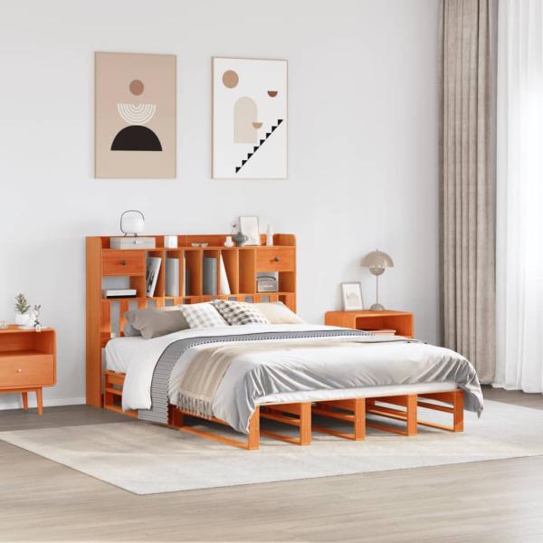 ARDEBO.de - Massivholzbett mit Regal ohne Matratze Wachsbraun 160x200 cm