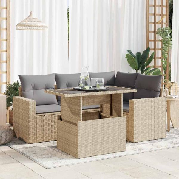ARDEBO.de - 5-tlg. Garten-Sofagarnitur mit Kissen Beige Poly Rattan