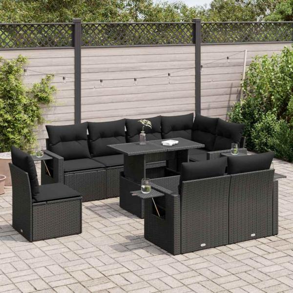 ARDEBO.de - 9-tlg. Garten-Sofagarnitur mit Kissen Schwarz Poly Rattan