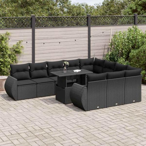 ARDEBO.de - 11-tlg. Garten-Sofagarnitur mit Kissen Schwarz Poly Rattan