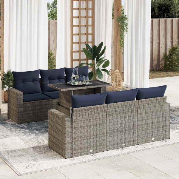 ARDEBO.de - 7-tlg. Garten-Sofagarnitur mit Kissen Grau Poly Rattan Akazie