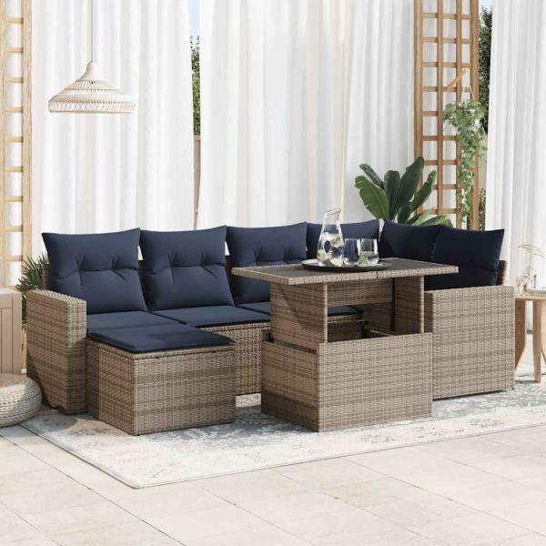 ARDEBO.de - 7-tlg. Garten-Sofagarnitur mit Kissen Grau Poly Rattan Akazie