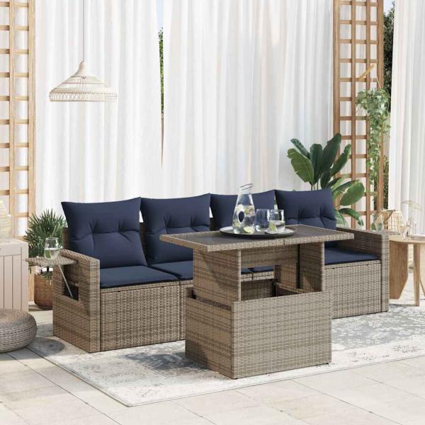 ARDEBO.de - 5tlg. Garten-Sofagarnitur mit Kissen Grau Poly Rattan