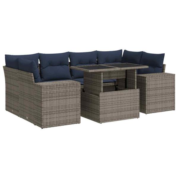 7-tlg. Garten-Sofagarnitur mit Kissen Grau Poly Rattan Akazie