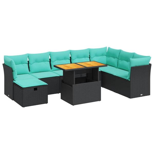 9-tlg. Garten-Sofagarnitur mit Kissen Grau Poly Rattan Akazie