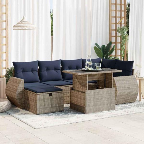 ARDEBO.de - 7-tlg. Garten-Sofagarnitur mit Kissen Grau Poly Rattan Akazie