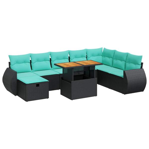9-tlg. Garten-Sofagarnitur mit Kissen Braun Poly Rattan Akazie