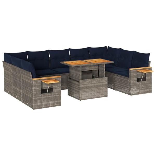 10-tlg. Garten-Sofagarnitur mit Kissen Grau Poly Rattan Akazie