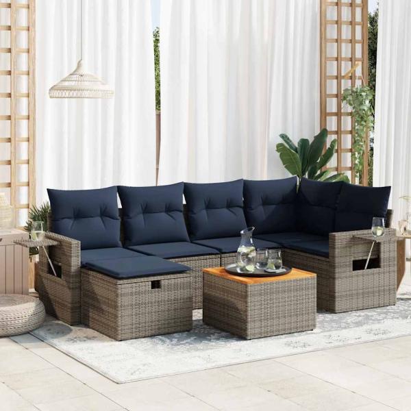 ARDEBO.de - 7-tlg. Garten-Sofagarnitur mit Kissen Grau Poly Rattan