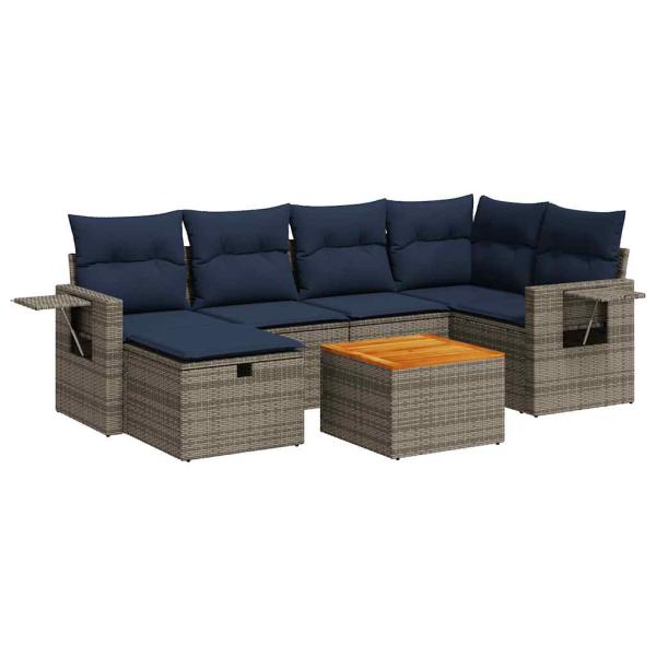 7-tlg. Garten-Sofagarnitur mit Kissen Grau Poly Rattan