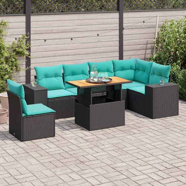 ARDEBO.de - 7-tlg. Garten-Sofagarnitur mit Kissen Schwarz Poly Rattan
