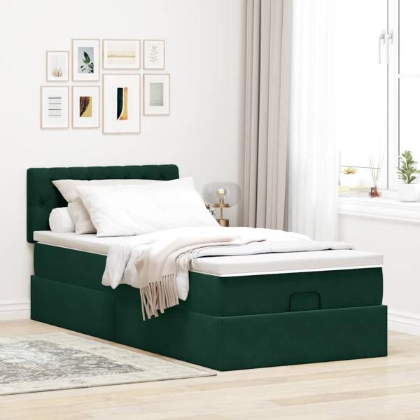 Ottoman-Bett mit Matratze & LEDs Dunkelgrün 90x190 cm Samt