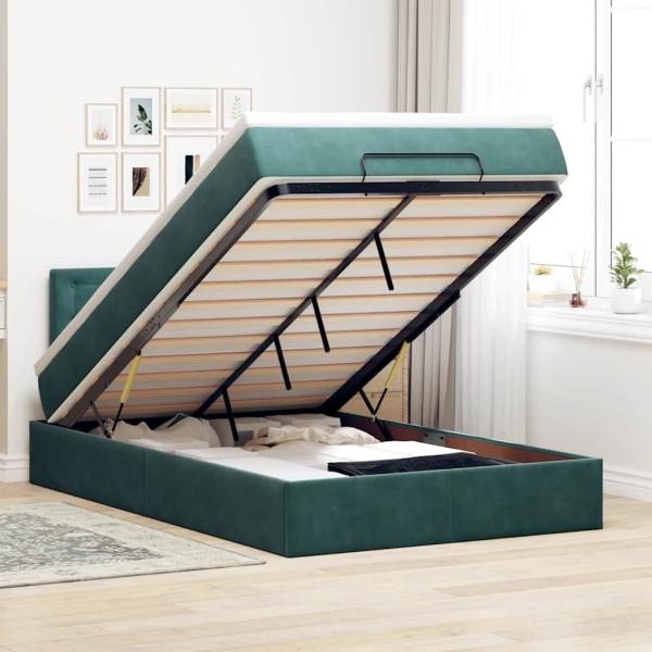 ARDEBO.de - Ottomane Bett mit Matratze & LEDs Dunkelgrün 120x190 cm Samt