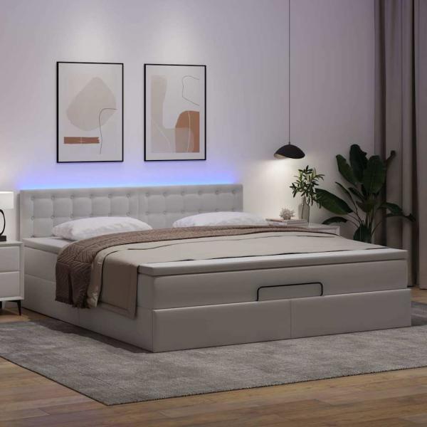 Ottoman-Bett mit Matratzen & LEDs Reinweiß 180x200cm Kunstleder
