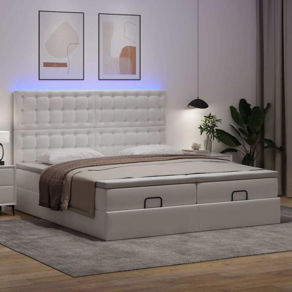 Ottoman-Bett mit Matratzen & LEDs Reinweiß 200x200cm Kunstleder