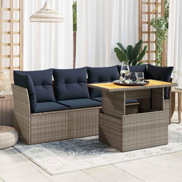 ARDEBO.de - 5-tlg. Garten-Sofagarnitur mit Kissen Grau Poly Rattan