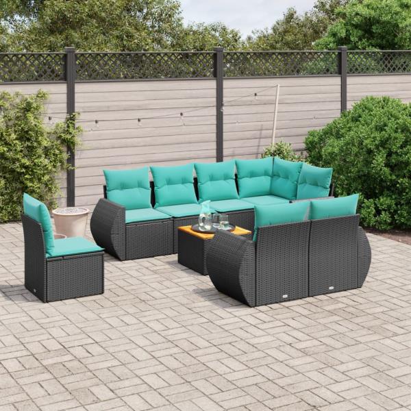 ARDEBO.de - 9-teiliges Gartensofa-Set mit Kissen, schwarzes Polyrattan