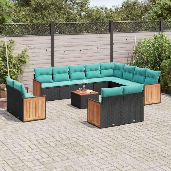 ARDEBO.de - 13-teiliges Gartensofa-Set mit Kissen, schwarzes Polyrattan