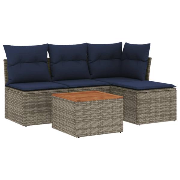 5-teiliges Gartensofa-Set mit Kissen, grau, Polyrattan