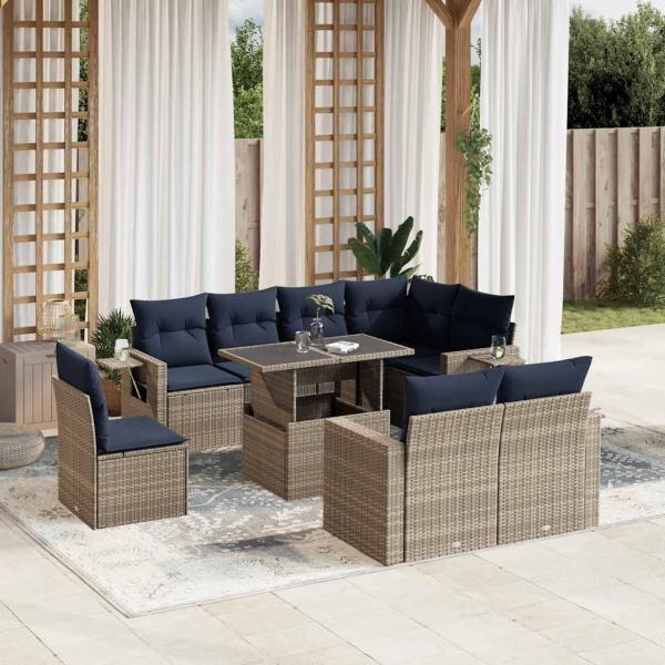 ARDEBO.de - 9-teiliges Gartensofa-Set mit Kissen, grau, Polyrattan