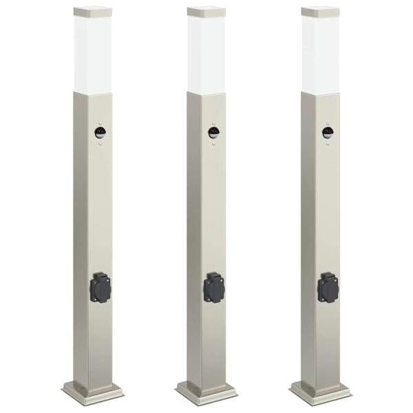 Pollerleuchten mit Sensor&Steckdose 3 Stk. 80 cm Edelstahl IP44