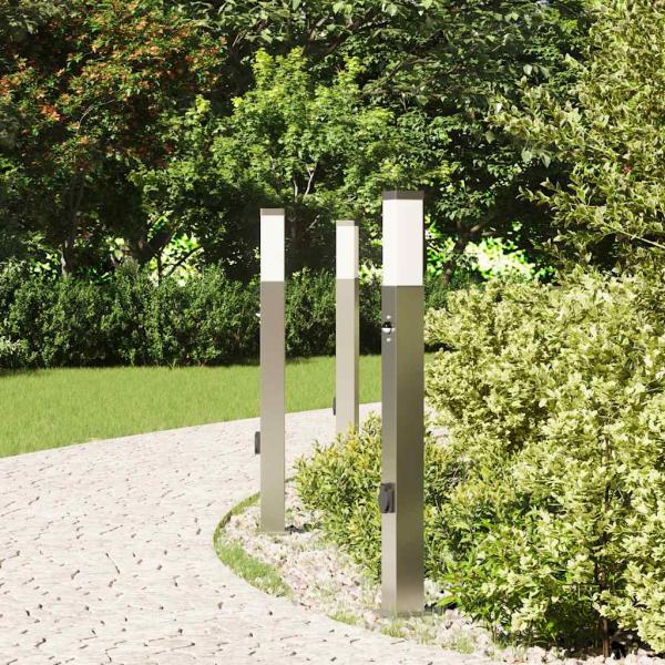 Pollerleuchten mit Sensor&Steckdose 3 Stk. 80 cm Edelstahl IP44