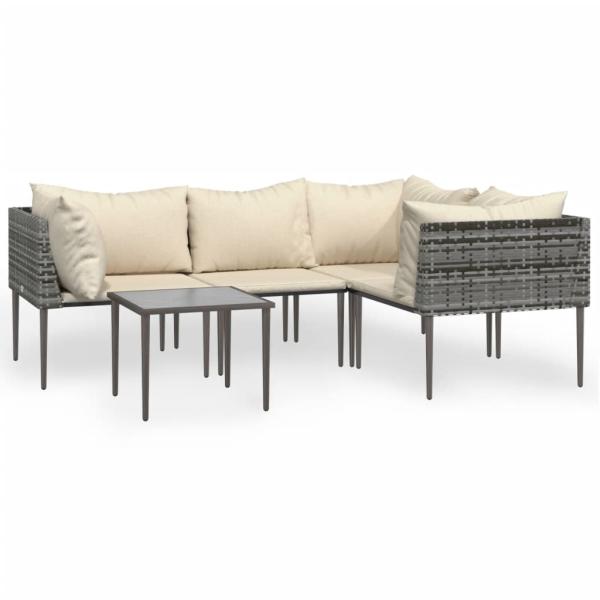 5-tlg. Garten-Lounge-Set mit Kissen Grau Poly Rattan