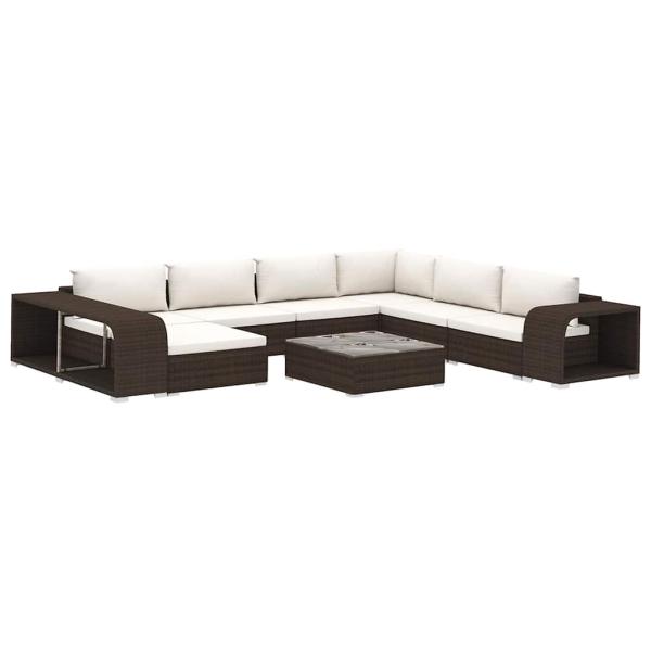 10-tlg. Garten-Lounge-Set mit Auflagen Poly Rattan Braun
