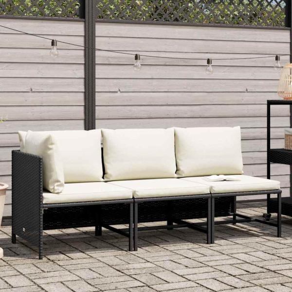 3-tlg. Garten-Sofagarnitur mit Auflagen Schwarz Poly Rattan