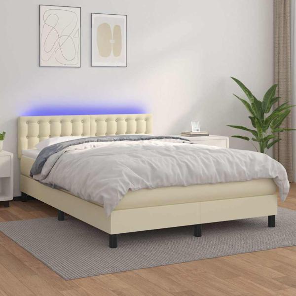 ARDEBO.de - Boxspringbett mit Matratze & LED Creme 140x190 cm Kunstleder