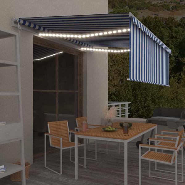 ARDEBO.de - Markise Automatisch mit Rollo LED Windsensor 4x3 m Blau & Weiß