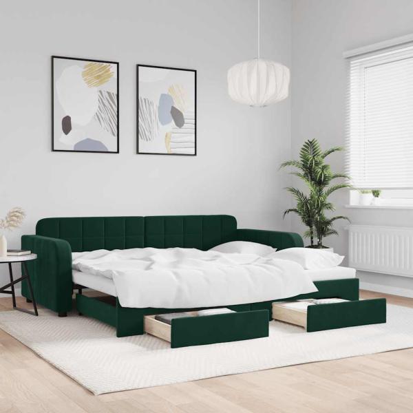 ARDEBO.de - Tagesbett Ausziehbar mit Schubladen Dunkelgrün 90x200 cm Samt