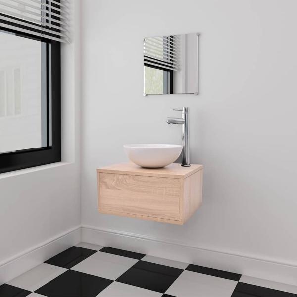 ARDEBO.de - 4-tlg. Badmöbel-Set mit Waschbecken und Wasserhahn Beige