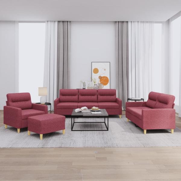 ARDEBO.de - 4-tlg. Sofagarnitur mit Kissen Weinrot Stoff