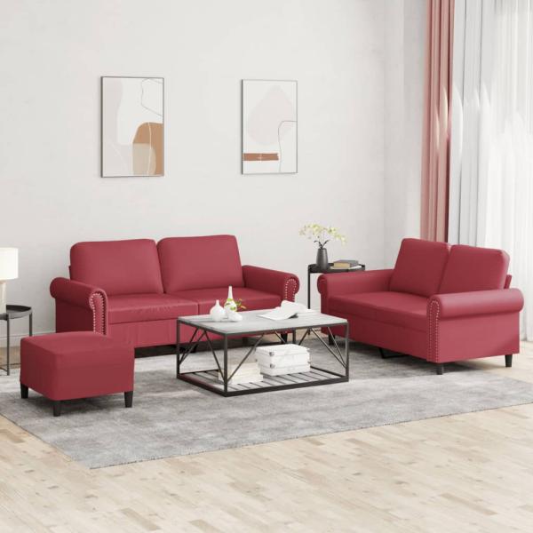 ARDEBO.de - 3-tlg. Sofagarnitur mit Kissen Weinrot Kunstleder