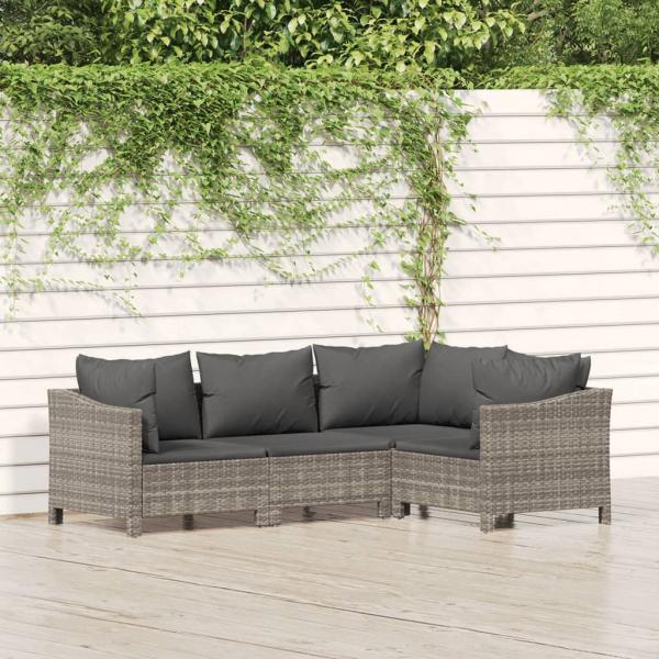 ARDEBO.de - 4-tlg. Garten-Lounge-Set mit Kissen Grau Poly Rattan