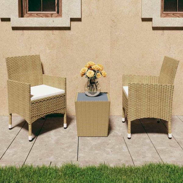 ARDEBO.de - 3-tlg. Bistro-Set Poly Rattan und Hartglas Beige
