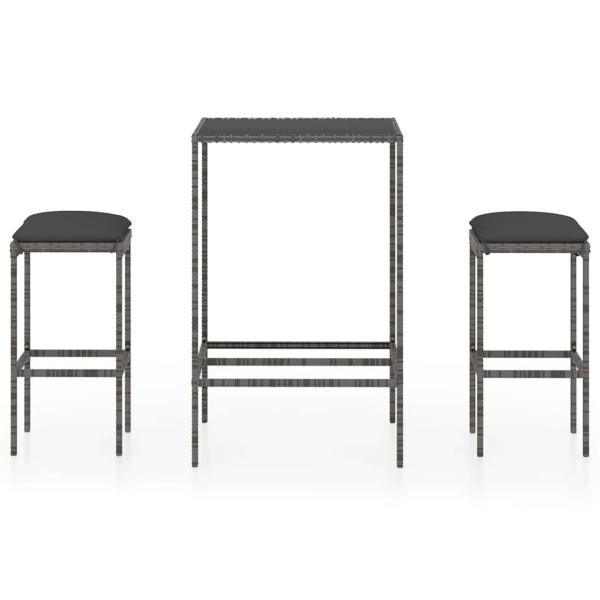 3-tlg. Gartenbar-Set mit Kissen Poly Rattan Grau