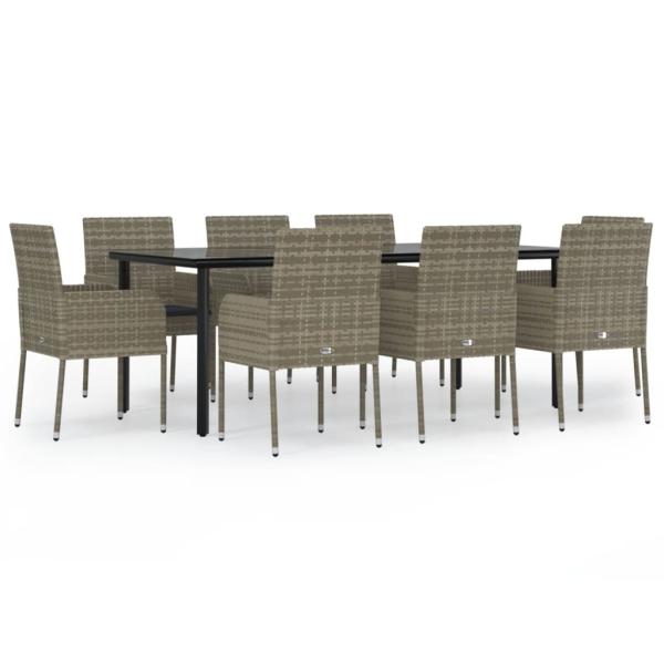 9-tlg. Garten-Essgruppe mit Kissen Schwarz und Grau Poly Rattan