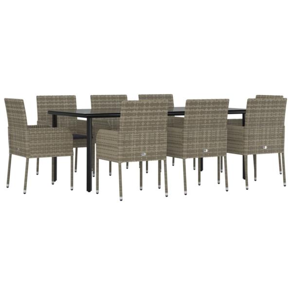 9-tlg. Garten-Essgruppe mit Kissen Schwarz und Grau Poly Rattan