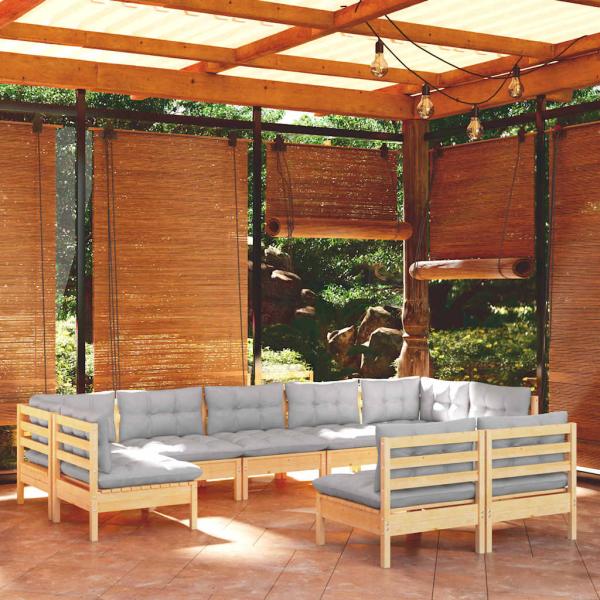 ARDEBO.de - 9-tlg. Garten-Lounge-Set mit Grauen Kissen Kiefer Massivholz
