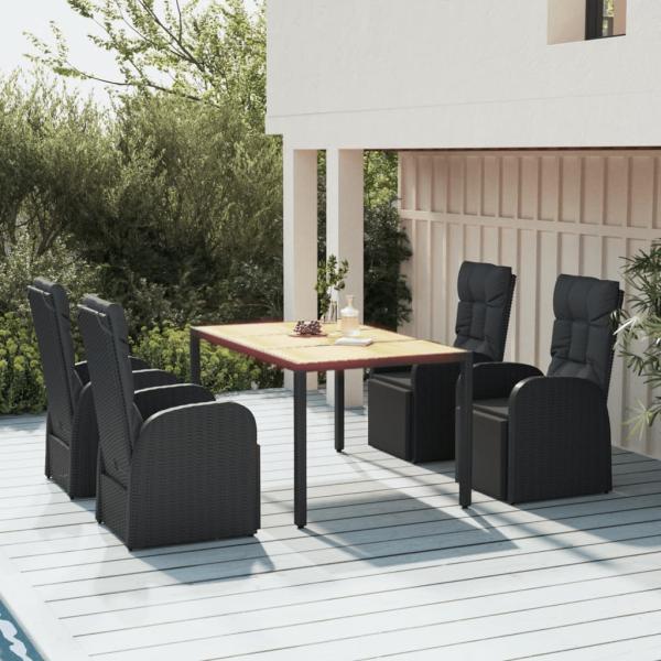 ARDEBO.de - 5-tlg. Garten-Essgruppe Schwarz Poly Rattan & Massivholz Akazie