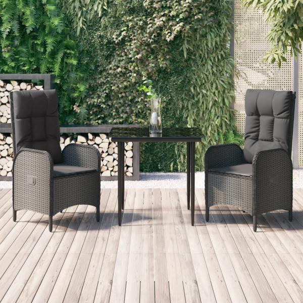ARDEBO.de - 3-tlg. Garten-Essgruppe mit Kissen Schwarz Poly Rattan