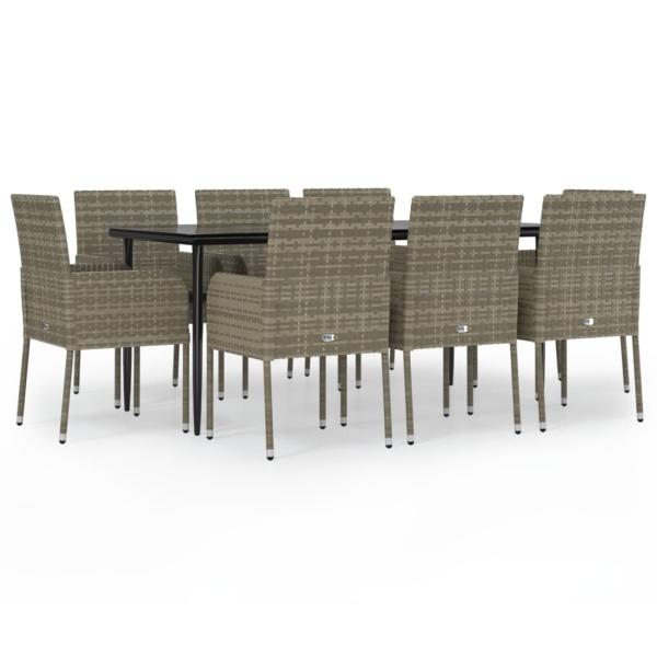 9-tlg. Garten-Essgruppe mit Kissen Schwarz und Grau Poly Rattan
