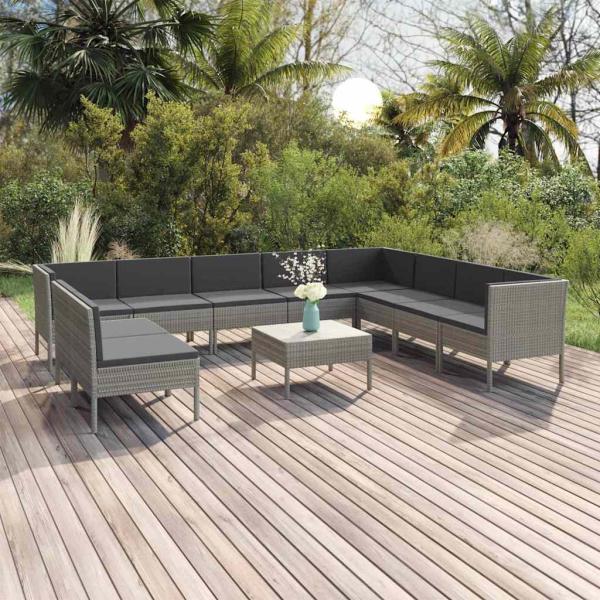 ARDEBO.de - 11-tlg. Garten-Lounge-Set mit Auflagen Poly Rattan Grau
