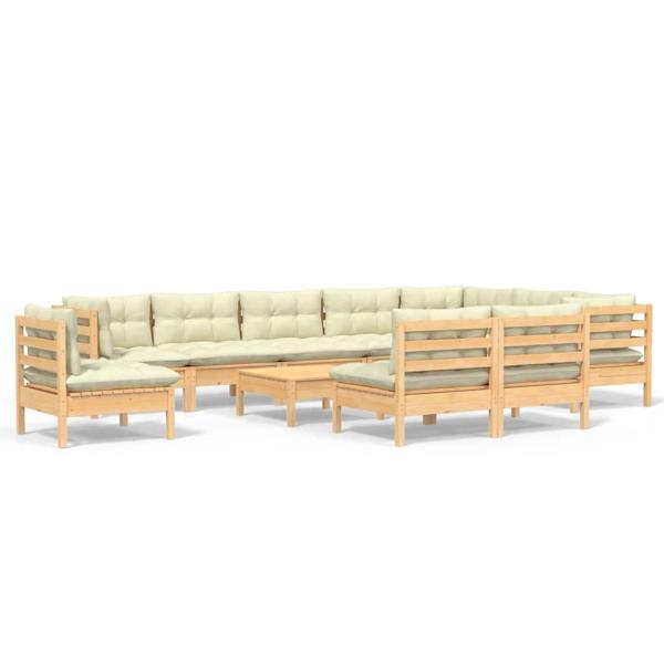 11-tlg. Garten-Lounge-Set mit Creme Kissen Massivholz Kiefer