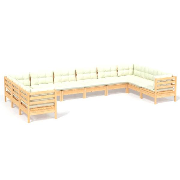 10-tlg. Garten-Lounge-Set mit Creme Kissen Kiefernholz