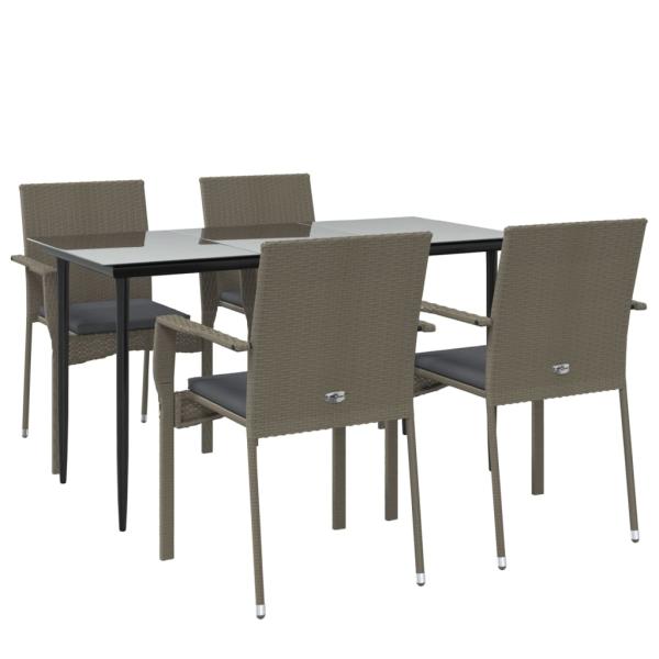 5-tlg. Garten-Essgruppe mit Kissen Schwarz und Grau Poly Rattan