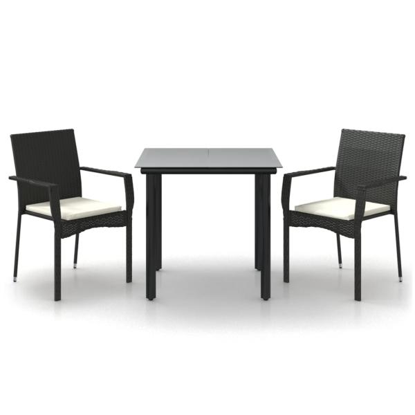 3-tlg. Garten-Essgruppe mit Kissen Schwarz Poly Rattan