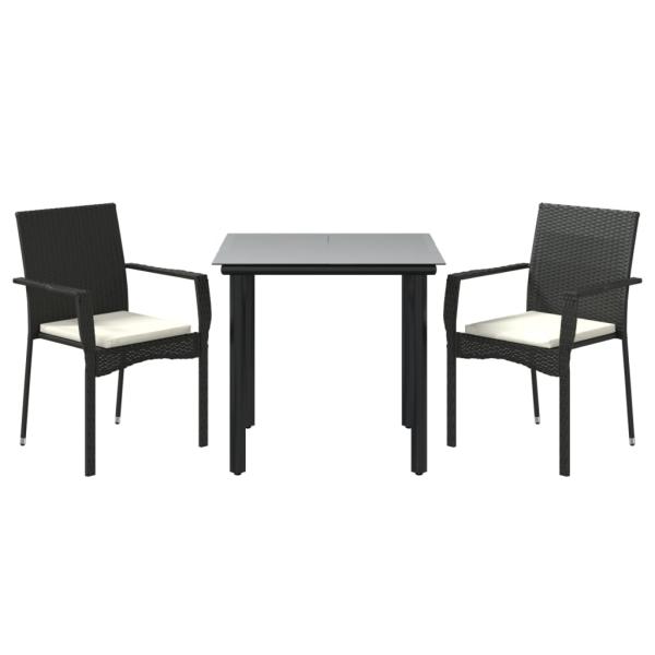 3-tlg. Garten-Essgruppe mit Kissen Schwarz Poly Rattan